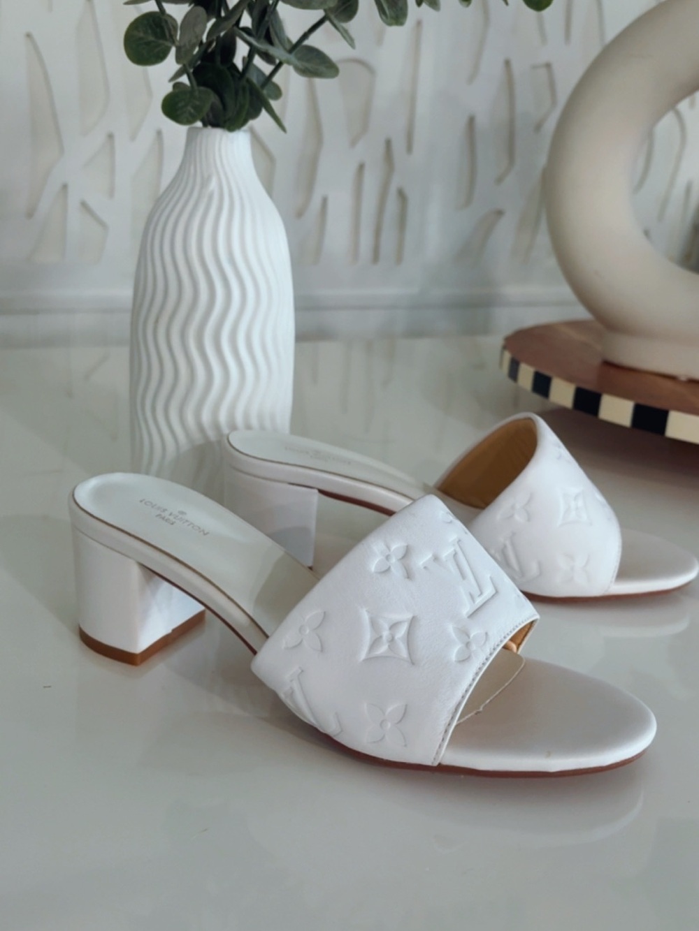 Louis Vuitton White Embossed Monogram Slide Mules
